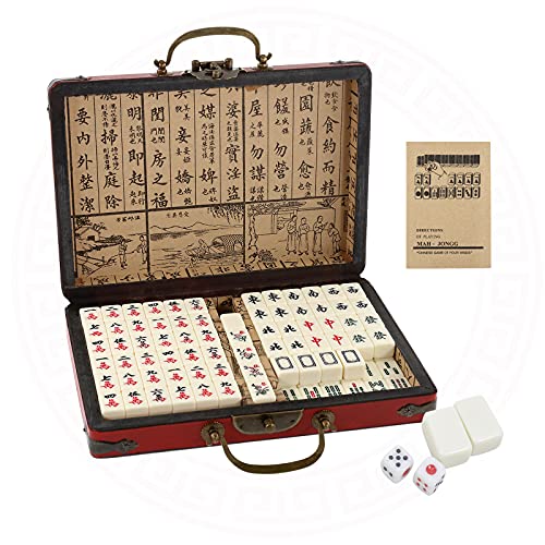 Dyna-Living Jeu de Mahjong chinois, structure solide, facile à lire, lot de 144 carreaux de Mahjong, 2 dés et étui de transport en cuir, les fêtes, les jeux familiaux