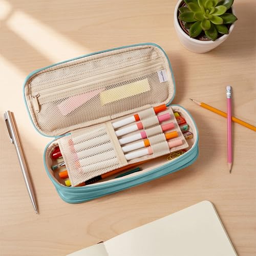 Image of Amazon Basics Large Capacity Pencil Case with Durable Zipper, Pencil Pouch for School Supplies and Stationery, Multi-Compartment, Easy to Carry, Cyan Mild