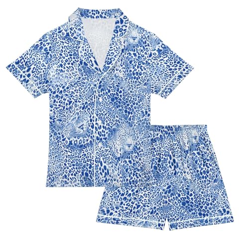ALAZA Blue Leopard Print Animal Satin Pajamas Set Short Sleeve Button Down Sleepwear Summer Pjs 2 Piece
