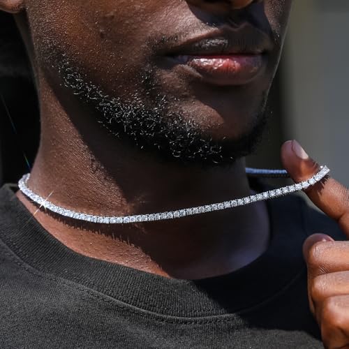 BREN Tennis Necklace - 3mm 4mm 5mm Iced Out Diamond Tennis Chain 5A Cubic Zirconia Necklace - 18K/White Gold Plated Flat Tennis Necklace for Women and Men Size 16"-22"3