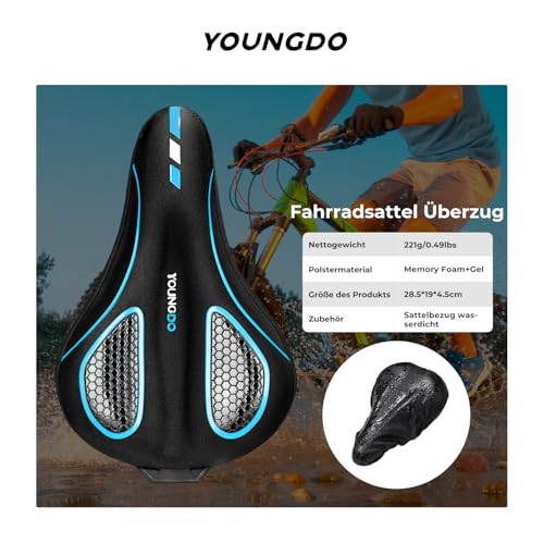 YOUNGDO Fahrradsattel Überzug, Ergonomischer Gel Sattelbezug, Fahrradsitz Polsterung, Weich und Bequem, mit Regenschutz, für Damen & Herren