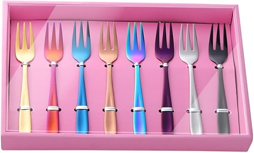 Buyer Star Juego de 8 tenedores pequeños para aperitivos de acero inoxidable 18/10, tenedores para postres de sabor multicolor de 5.4 pulgadas con
