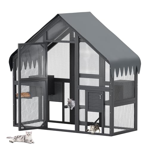 MELLCOM Outdoor Cat Enclosure Wooden Catio with Waterproof Roof Bridges Small Asphalt Roof Cat Houses Compatible with Wall-Pet Doors 186x70x188cm