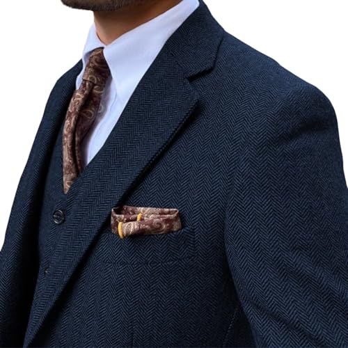 3 Piece Tweed Suit Set,Retro Herringbone Prom Tuxedos Set for Men Wedding Grooms Blazer Vest Pant Set3