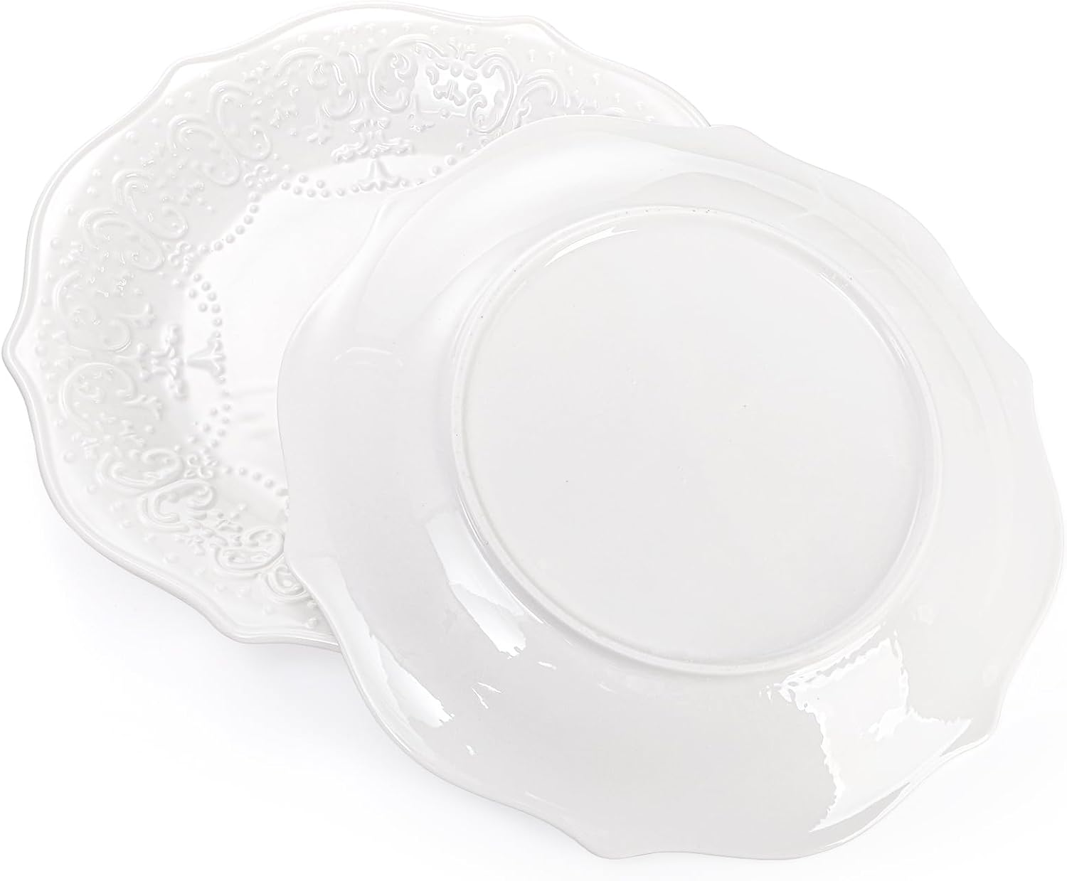 SOUJOY Set of 6 Porcelain Dinner Plate, 10'' Embossed Salad Plates, White Dessert Serving Plates for Steak Appetizer, Kitchen Plates for Restaurant, Family Party, Dishwasher Microwave Safe