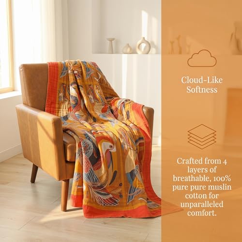 Image of SANACYNA Muslin Throw Blanket Oriole Birds 100% Cotton 6-Layer Gauze Bed Blanket Lightweight Soft Breathable Blanket for Sofa Bed Coverlet Both Sides (B-Yellow Bird, 80 x 90 in)