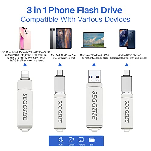 Seggzize 128Gb Iphone Flash Drive, 3 In 1 Iphone Usb Flash Drive Memory Stick,Flash Drive For Iphone,Android Phone,Computer,Mac,Tablet #TOP2