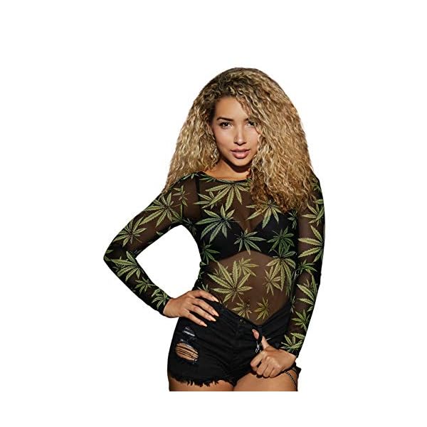 High Demand Women's Stretch Mesh Leaf Bodysuit-L Multi