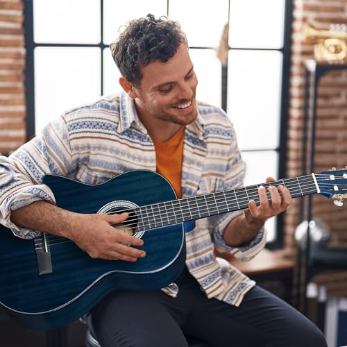 Image of WINZZ 4 /4 Classical Guitar, 39 Inch Full Size Nylon String Guitar for Beginner Adults, Full Classic Guitar Kit with Free Lessons, Gig Bag, Footstool, Capo, Tuner, Hanger and Strap (Glossy Blue)
