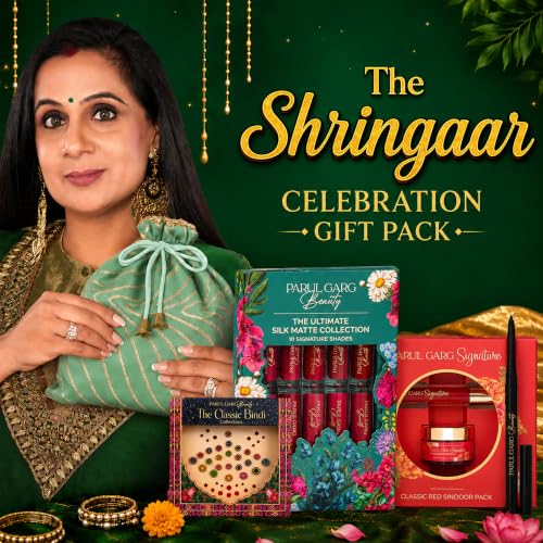 Image of Parul Garg Beauty Shringaar Celebration Pack | Festive Beauty Gift Set | 10 Mini Silk Matte Liquid Lipsticks, Kajal, Sindoor, Utsav Bindi Patta with Green Potli