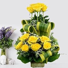 IFG's Beautiful Basket Arrangement of Yellow Roses, 12 pcs Fresh Flowers - Same Day Delivery