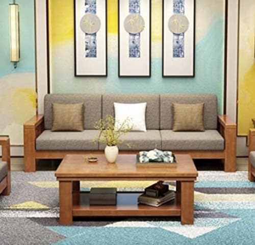 Image of Sheesham Wooden 3 Seater Sofa for Living Room | Rosewood 3 Seater Cushion Sofa for Home & Office | Solid Wood Sofa Set for Lounge (Natural Teak Finish, 3 Seater)