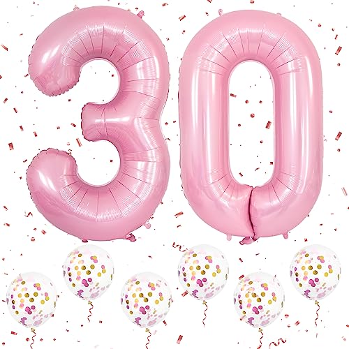 Ousuga 30 Balloons - Pink, 40 Inch Large Digital Helium Foil Mylar Birthday Balloons with 6pcs Pink Confetti for 30th Birthday Party Decorations