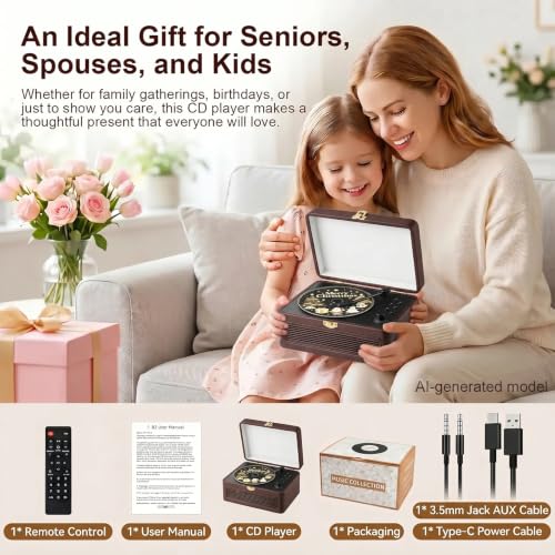 Image of Gueray CD Player Portable Bluetooth: Retro CD Players with Speakers Vintage CD-Player 3600mAh Rechargeable & Radio & Remote Control Support USB /AUX Playback Headphone Jack (Brown)
