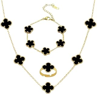 Okos Gold Plated Black Clover Jewellery Set Combo for Women & Girls | Necklace, Bracelet, Ring & Stud Earrings | Elegant J... Price In India