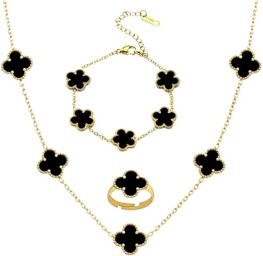 Okos Gold Plated Black Clover Jewellery Set Combo for Women &amp; Girls | Necklace, Bracelet, Ring &amp; Stud Earrings | Elegant J...