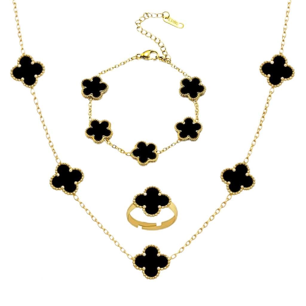 Gold Plated Black Clover Jewellery Set Combo for Women & Girls | Necklace, Bracelet, Ring & Stud Earrings | Elegant Jewellery Everday Wear CO1000497BLK-image-36
