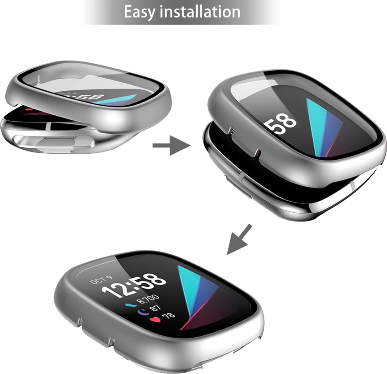 BBZ Custodia Completa Con Pellicola In Vetro E Cornice Rigida Per Fitbit Versa 3 E Sense – Protezione Antiurto TPU, Trasparente, Facile Installazione