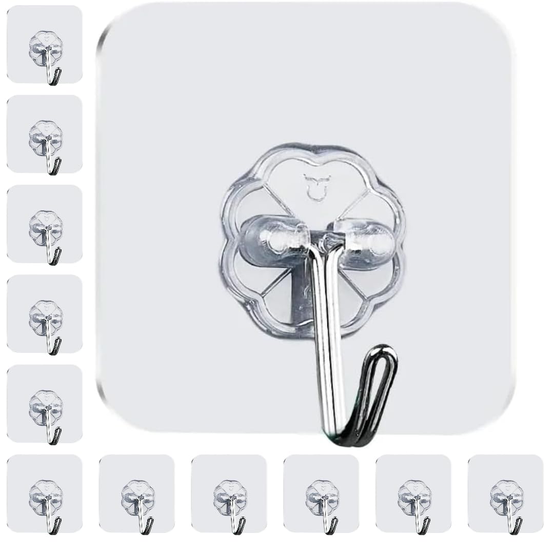 Heavy Duty Adhesive Hooks (12 Pack) – Clear Sticky Wall Hooks Waterproof, Strong Self Adhesive Hooks for Kitchen, Bathroom, Bedroom – Reusable Wall Hangers for Towels, Coats