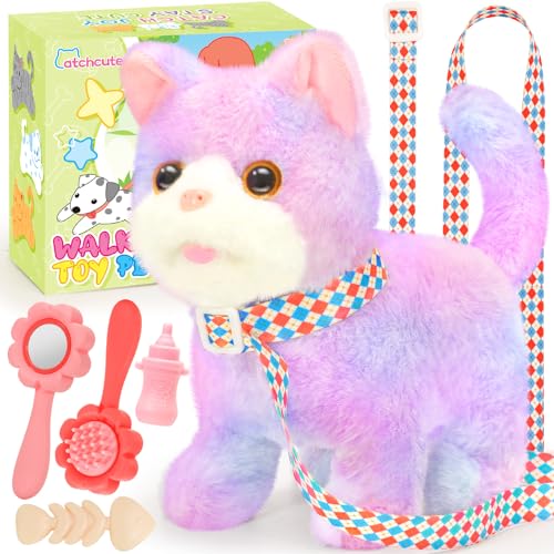 CatchCute Plush Toys Cat for Kids with Leash, Interactive Electronic Kitty That Walking,Meowing,and Tail Wagging, Pretend Play Realistic Cat Christmas Birthday Gifts for Boys and Girls