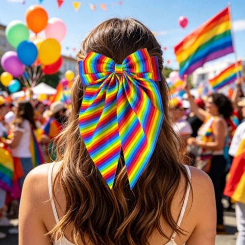Pinzas para el cabello con lazo arcoíris para el Día del Orgullo Gay, lazo grande de raso con cola larga, diseño multicolor, gran lazo para mujeres, desfile y fiesta del mes del orgullo miniatura 3