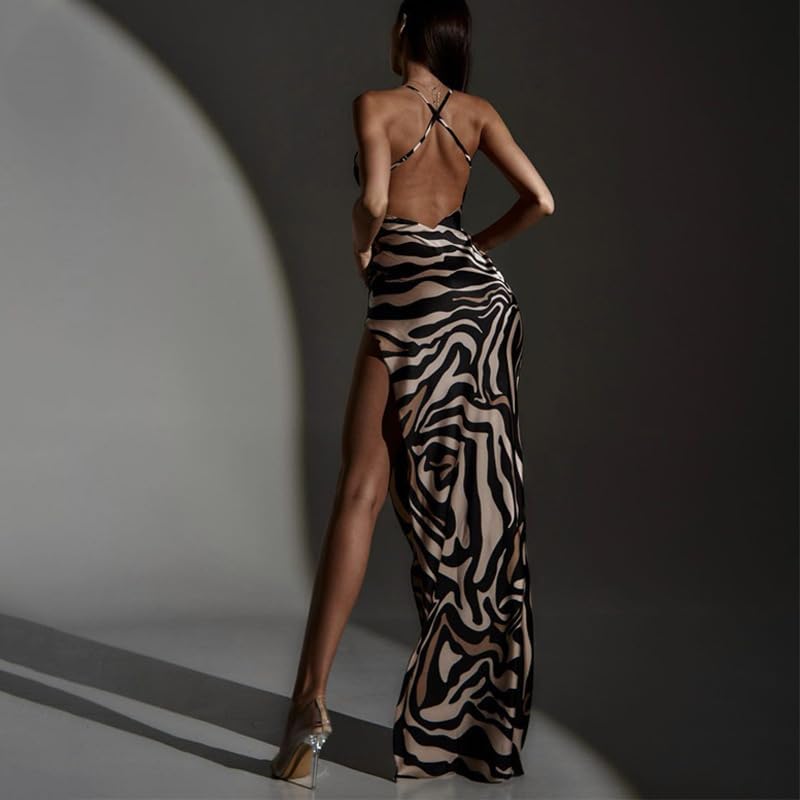 Averis Women's new Winter Fashion Printed Patchwork Backless Suspender Slit Dress