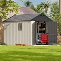 Patiowell 8x10 FT Plastic Shed Outdoor Storage Shed with Floor, Resin Garden Tool Shed Lockable Door & Two Windows for Patio, Backyard, Bike & Organizer, Beige
