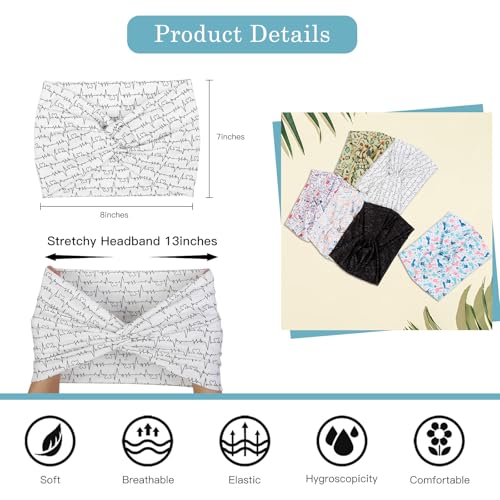 Image of Tobeffect Extra Wide Turban Headbands for Women, 7'' Large Wide Headband for Nursing Cute Printed Nurse Head Bands Twisted Knotted Hairbands Non Slip Cloth Headbands for Women Hair Accessories 6 Pack