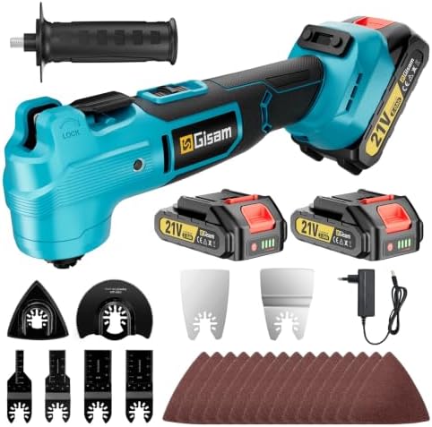 Gisam Multiherramienta con 2 baterías de 2,0 Ah, herramienta oscilante sin escobillas, multiherramienta para ángulo de giro de 4°, juego de accesorios de 23 piezas, 7 variables, multimaster para