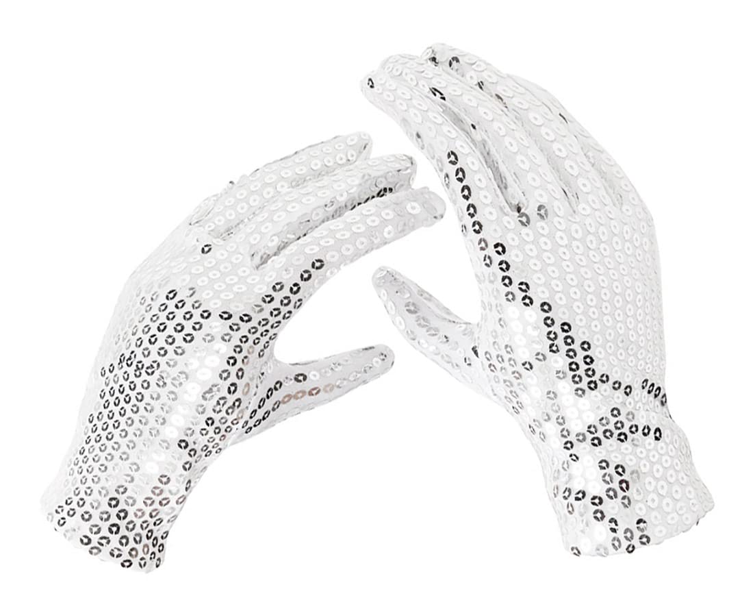 Aniler Unisex Wrist Length Full Finger Sequin Solid Color 80s Sparkling Glitter Costume Cosplay Party Short Gloves, Silver, One size