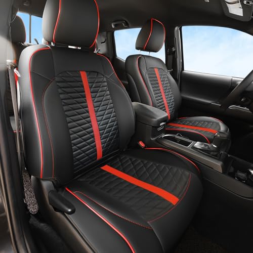 ENZODOK Leather Seat Covers for Toyota Tacoma 2016 2017 2018 2019 2020 2021 2022 2023 Front Set, Waterproof Seat Covers Crew Cab/Double Cab SR SR5 Limited TRD Pro Accessories (Red Black)