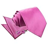 DQT Men Plain Satin 9cm Wide Tie + Pocket Square & Cufflinks Set - Mulberry