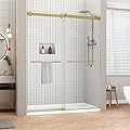 Sunrosa Frameless Double Sliding Shower Door 56 1/8-60" W x 76" H, 5/16" (8mm) Thick Easy-Clean Tempered Glass, Soft-Close Adjustable Shower Door with Towel Bar, Brushed Gold Finish
