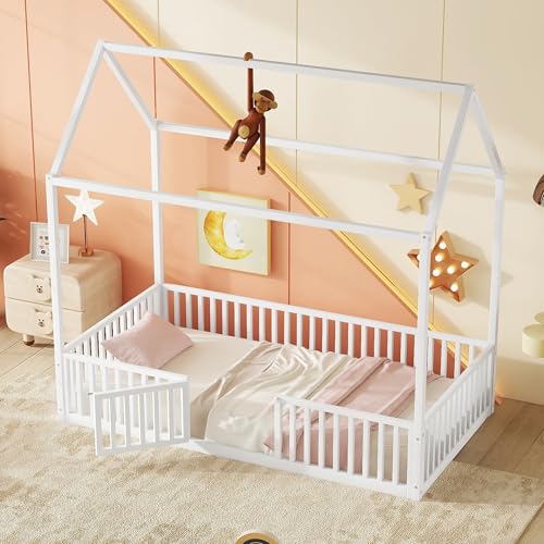 Bellemave Twin Size House Bed, Montessori Floor Bed for Kids, Metal House Beds with Door and Fencefor Kids, Twin, White