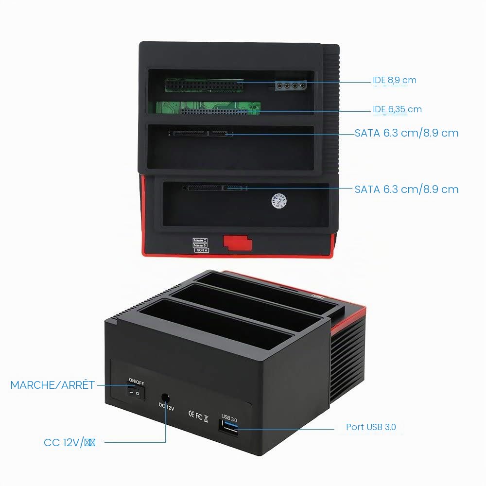 Station d’Accueil à 3 emplacements pour Disque Dur HDD 2,5’’/3,5’’, IDE/SATA, avec lecteurs de Cartes et Fonction Clone intégrés