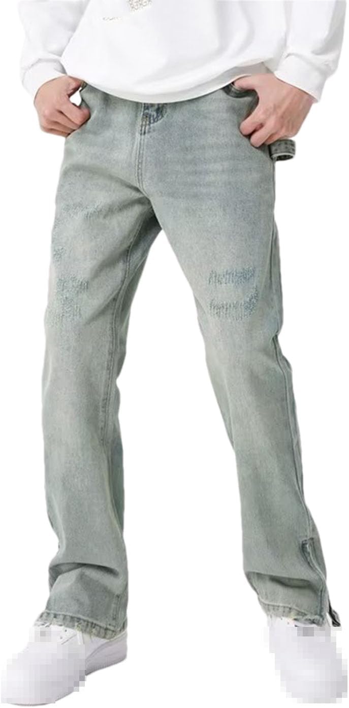 Vogrtcc Men's Jeans Zipper Straight Wide Leg High Waist Pants