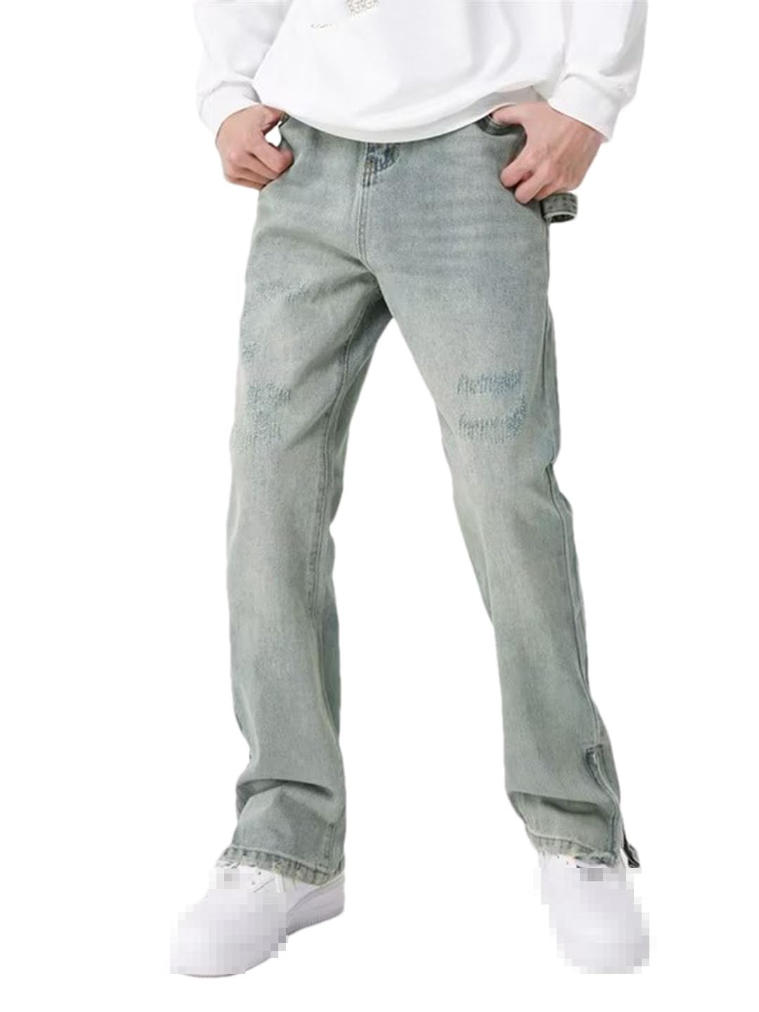 Vogrtcc Men's Jeans Zipper Straight Wide Leg High Waist Pants