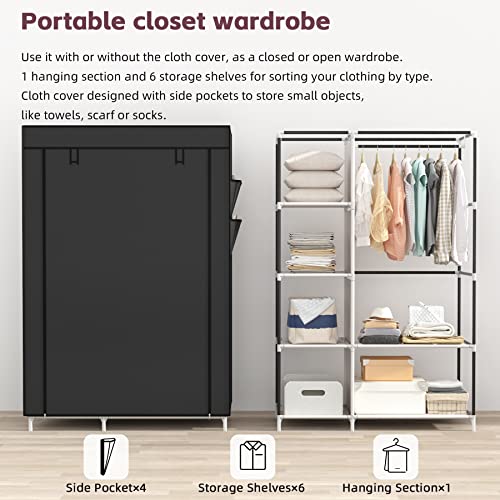 Calmootey Closet Storage Organizer,Portable Wardrobe With 6 Shelves And Clothes Rod,Non-Woven Fabric Cover With 4 Side Pockets,Black #TOP4