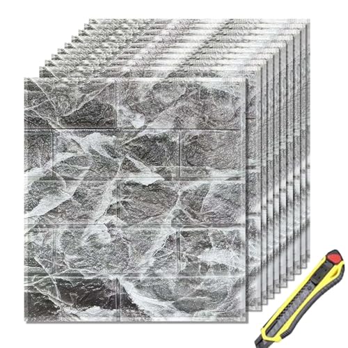 Hyesrtey 10 Stück 3D Wandpaneele 35x38.5cm Selbstklebend Küchenrückwand Ziegel Tapeten Steinoptik 4 mm Steintapete Wandaufkleber Wasserdicht Wandtapete für Küche Schlafzimmer (Gris)