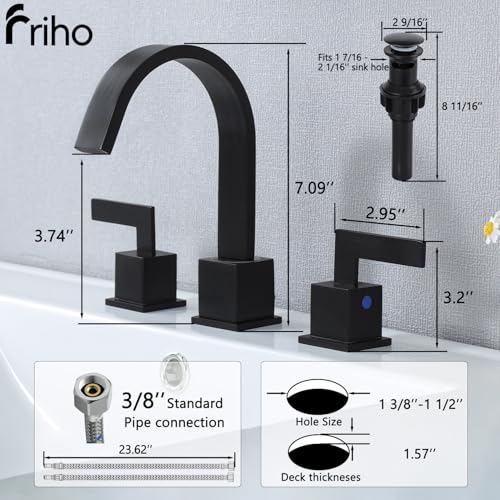 Friho Matte Black Waterfall Bathroom Faucet, 8 Inch Widespread 3 Hole Sink Faucet with 2 Handles, Pop-up Drain & Supply Lines, Stainless Steel Vanity Faucet for Bathroom by Friho - Used condition - Image 6