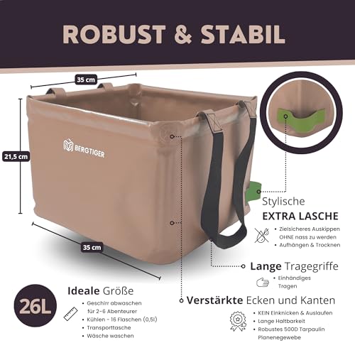 BERGTIGER® Faltschüssel Camping 18/22/26L mit EXTRA GRIFF I Faltbare Outdoor Spülschüssel & Spülwanne I Waschschüssel faltbar zum Abwaschen I robustes Camping Zubehör (Khaki/Olive- 26 Liter)