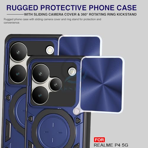 Image of AESTMO Tough Armor Realme P4 5G Bumper Back Case Cover | Ring Holder & Sliding Camera Shield Cover | 360 Degree Protection Back Case Cover for Realme P4 5G (D20 Blue)