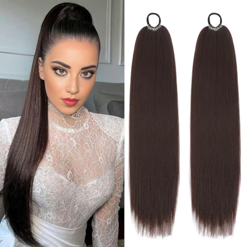 Braiding Ponytail Extension Braid With Hair Band Hairpiece Long Ponytail Synthetic Hair for Women Straight Wrap Around Ponytail pre Stretched (brown 24 Inch (Pack of 2))