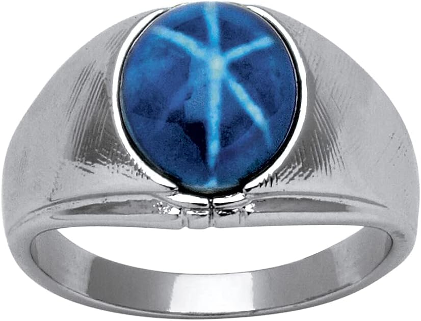 PalmBeach Men's Silvertone Oval Shaped Blue Lucite Star Sapphire Ring Sizes 8-16