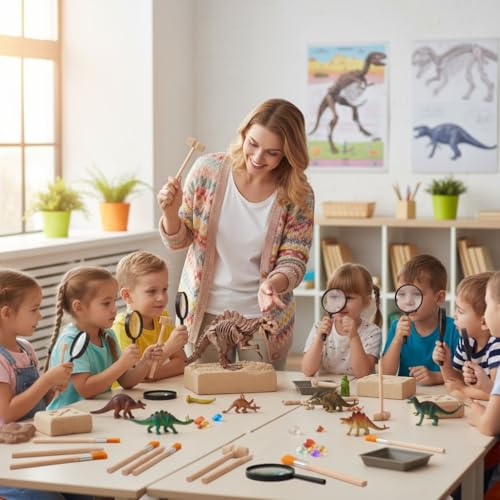 JOINPAYA Archaeological Excavation Tools for Kids: 3 Sets Dinosaur Fossil Digging Kits with Mini Hammer Chisel Brush Scraper and Magnifier Science Kits for Dino Eggs and Gem Dig (Pack of 2) - Image 7