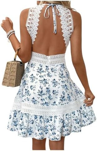Floerns Women's Contrast Lace Sleeveless Halter Dress Backless Va...
