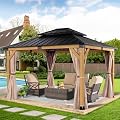 StarEcho 10'x12' Wooden Hardtop Gazebo,Wood Heavy Duty Solid Cedar Gazebos Whit Mosquito Netting and Waterproof Curtains,Outdoor Metal Canopy for Backyard Yardistry Deck Patio