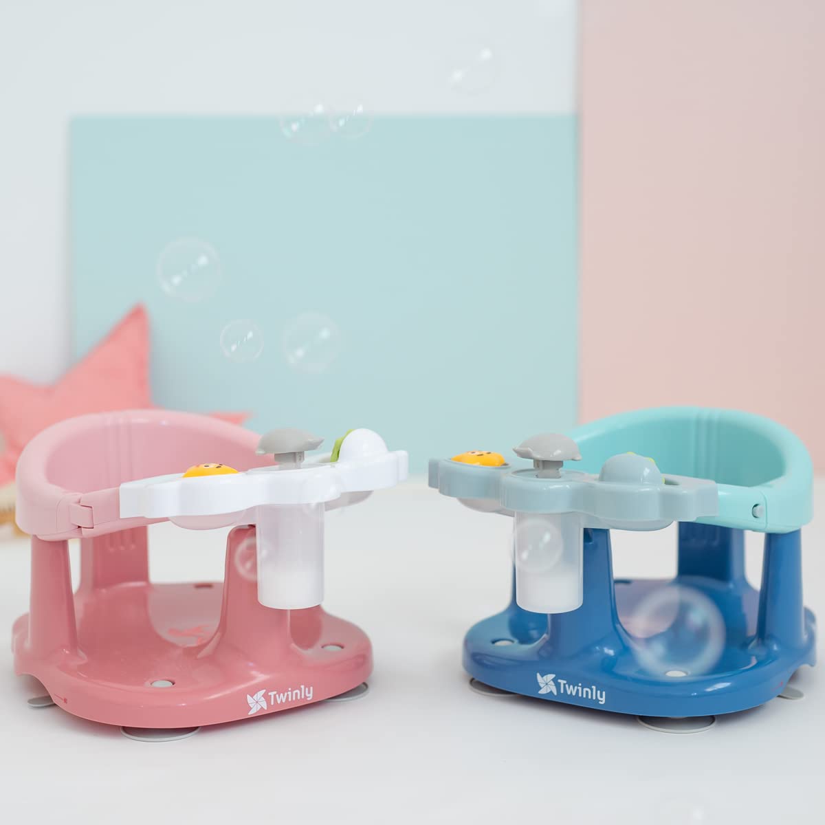Twinly - Asiento de baño infantil con respaldo ergonómico - Barra de seguridad abatible y 4 ventosas de fijación - Asiento antideslizante para bañera y ducha (Azul)