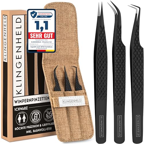 KLINGENHELD Präzise Wimpern Pinzette Set - Extra feine Faser-Spitzen für maximalen Halt - Für mehr Volumen und perfekte Fächer - inkl. Baumwoll-Etui 100% plastikfrei - Pinzette Wimpernverlängerung