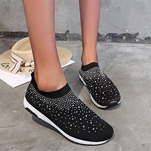 Lltmall Women's Slip On Sock Sneakers Glitter Rhinestone Latin Jazz Folk Dance Easy Shoes Black 8 #TOP4